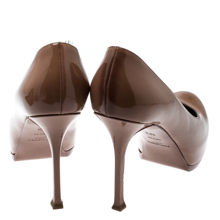 مملوكة مسبقًا Saint Laurent Paris Beige Patent Leather Tribtoo Platform Pumps Size 39.5