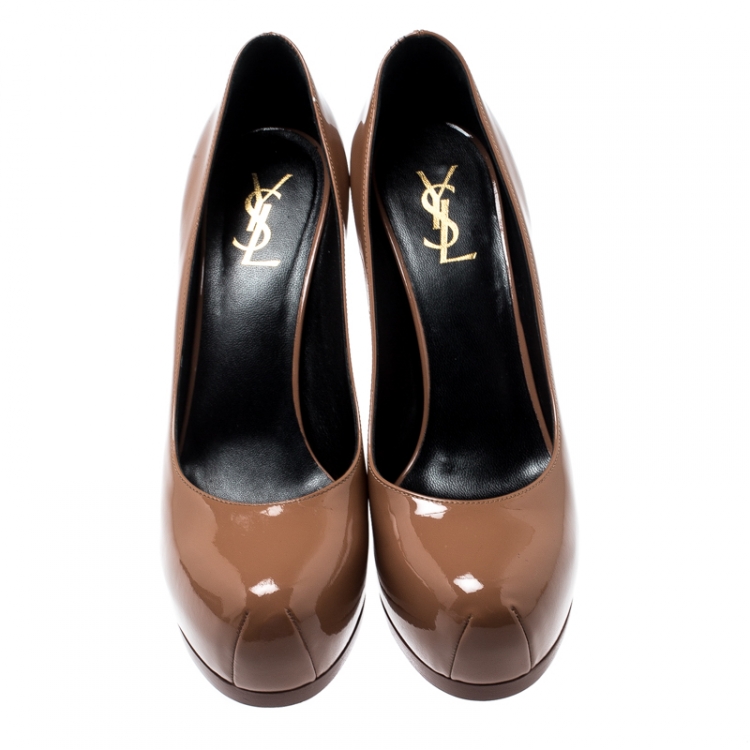 مملوكة مسبقًا Saint Laurent Paris Beige Patent Leather Tribtoo Platform Pumps Size 39.5