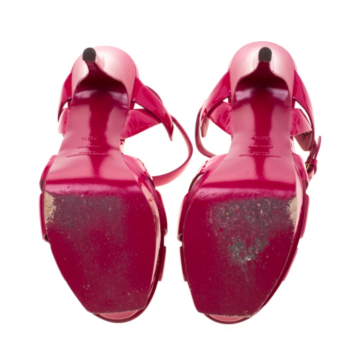 Pre Owned Saint Laurent Paris Pink Leather Tribute Platform Sandals Size 36.5