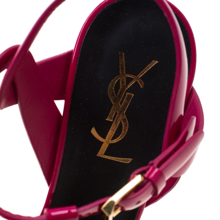 Pre Owned Saint Laurent Paris Pink Leather Tribute Platform Sandals Size 36.5