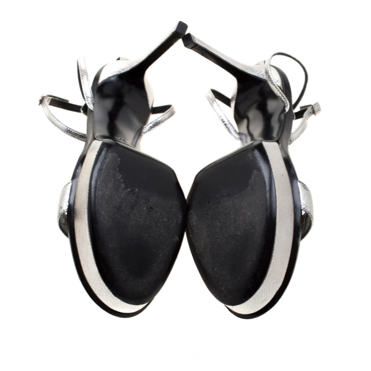 Pre Owned Saint Laurent Paris Metallic Silver Leather Platform Ankle Strap Sandals Size 37