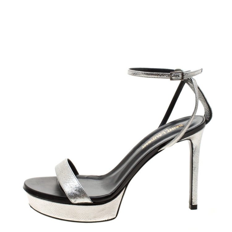 Pre Owned Saint Laurent Paris Metallic Silver Leather Platform Ankle Strap Sandals Size 37