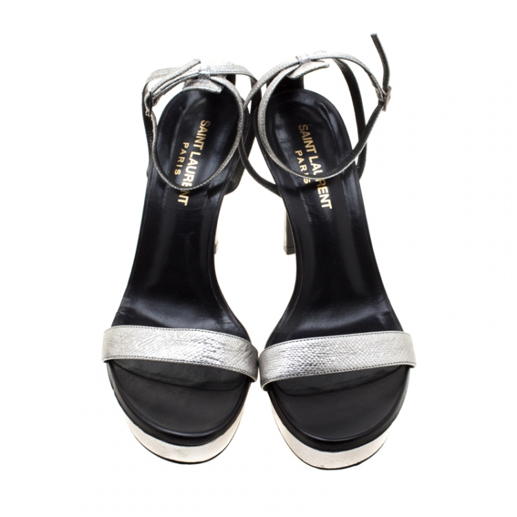 Pre Owned Saint Laurent Paris Metallic Silver Leather Platform Ankle Strap Sandals Size 37