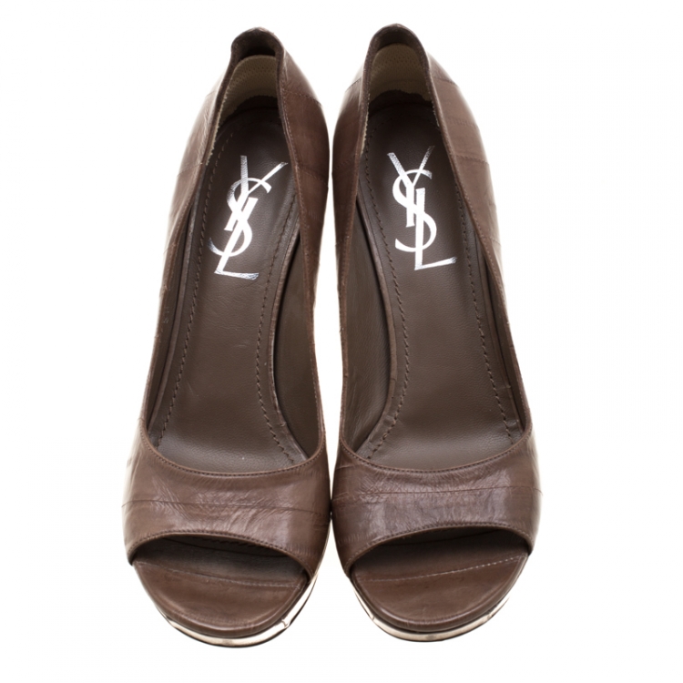 Pre Owned Saint Laurent Paris Brown Eel Skin Peep Toe Platform Pumps Size 35