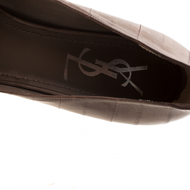 Pre Owned Saint Laurent Paris Brown Eel Skin Peep Toe Platform Pumps Size 35