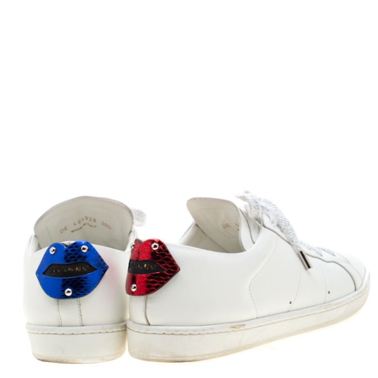 Pre Owned Saint Laurent Paris White Leather Classic Lips Low Top Sneakers Size 36.5