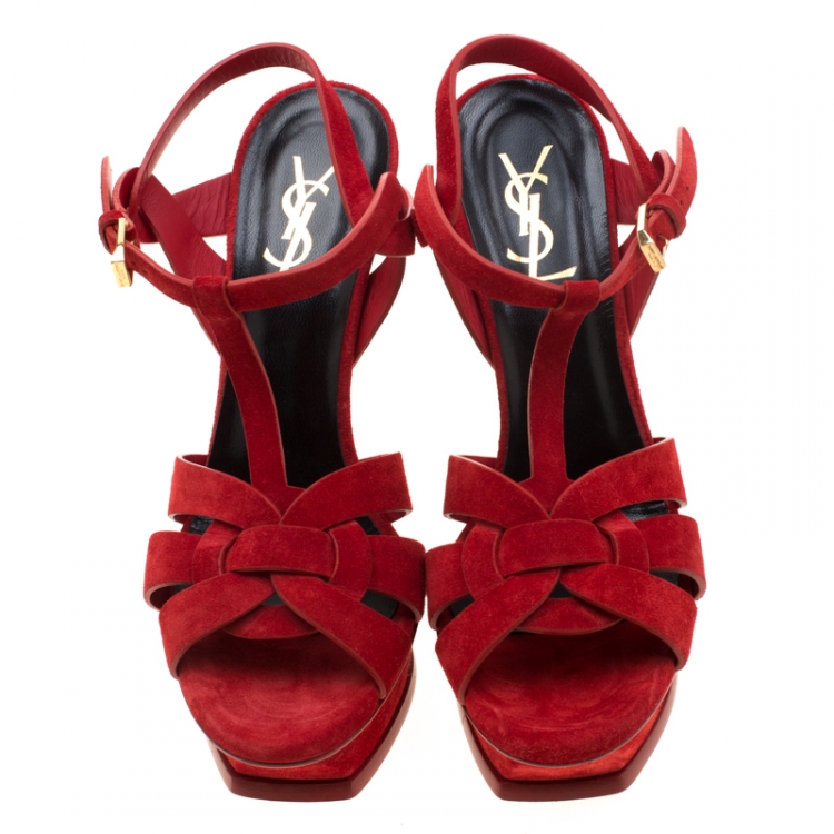Pre Owned Saint Laurent Paris Red Leather Tribute Platform Sandals Size 38