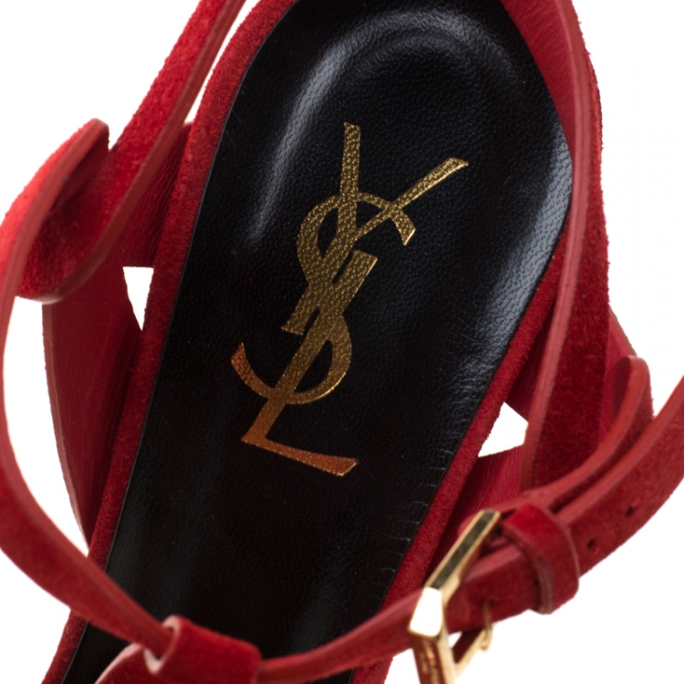 Pre Owned Saint Laurent Paris Red Leather Tribute Platform Sandals Size 38