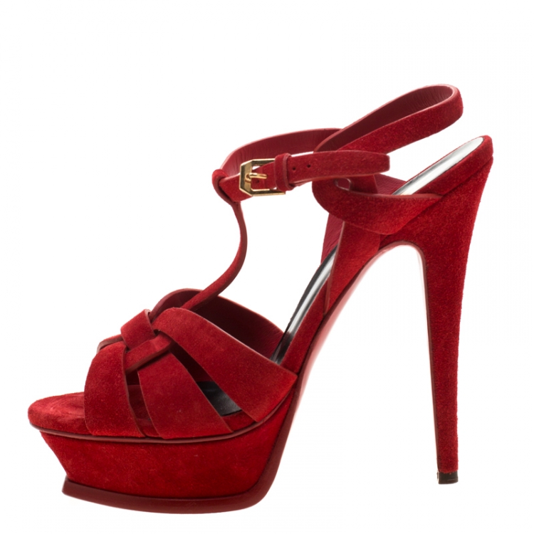 Pre Owned Saint Laurent Paris Red Leather Tribute Platform Sandals Size 38