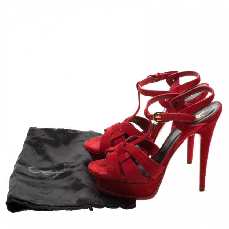 Pre Owned Saint Laurent Paris Red Leather Tribute Platform Sandals Size 38
