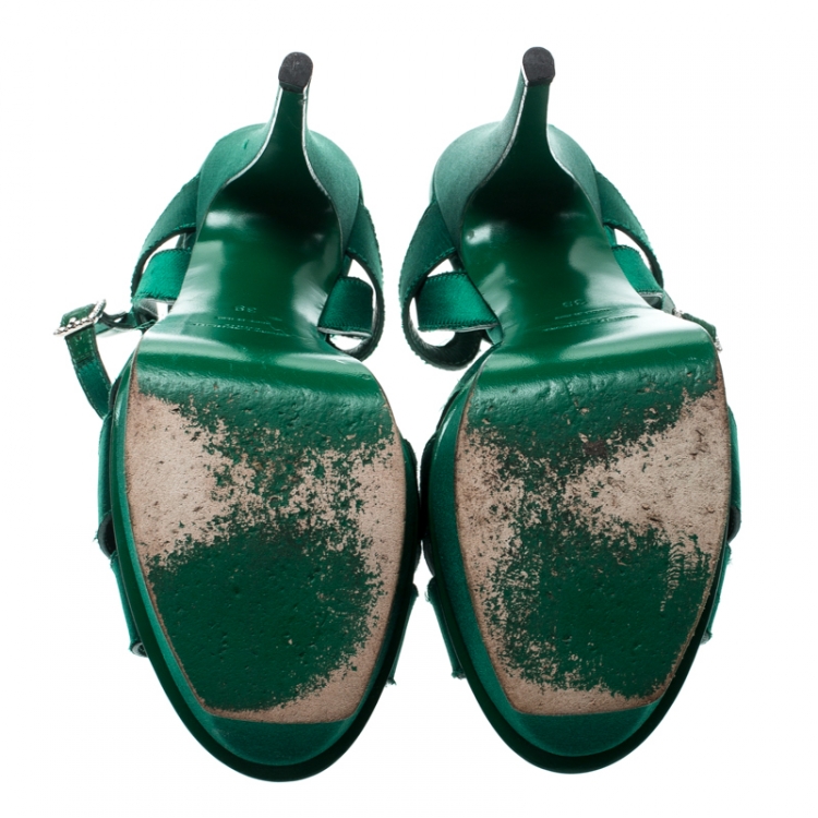 Pre Owned Saint Laurent Paris Green Satin Tribute Platform Sandals Size 39