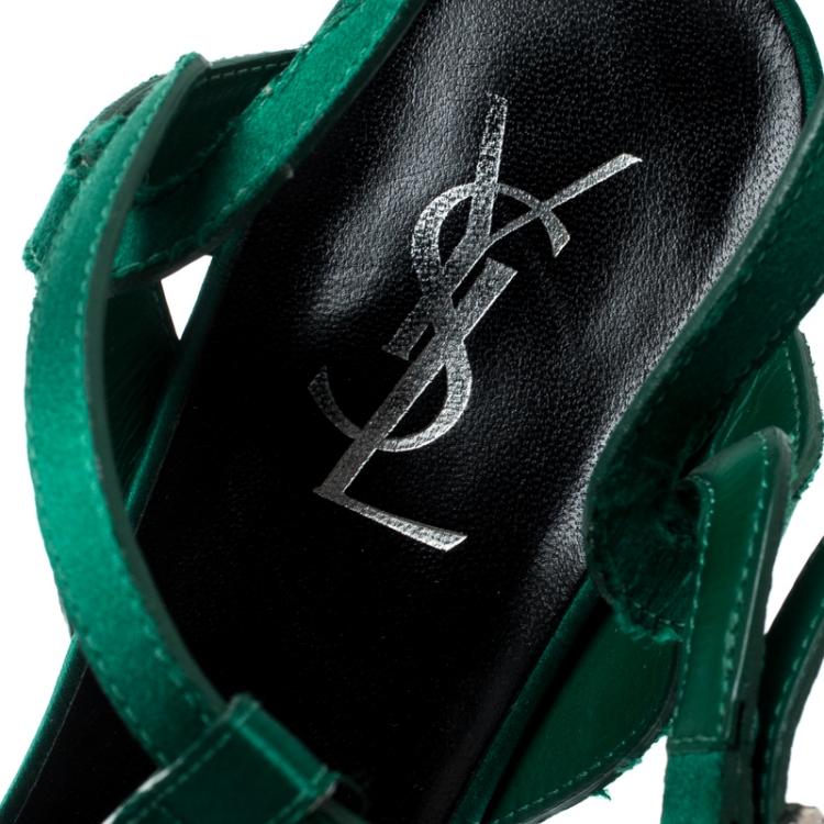 Pre Owned Saint Laurent Paris Green Satin Tribute Platform Sandals Size 39