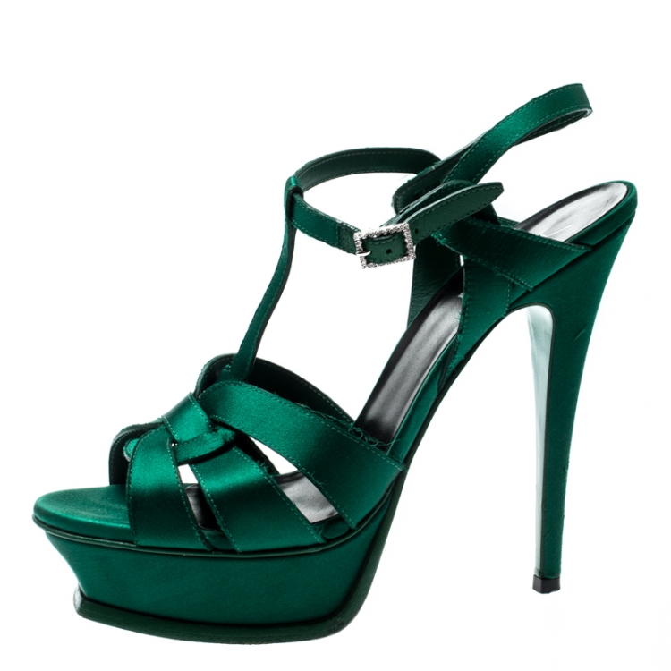 Pre Owned Saint Laurent Paris Green Satin Tribute Platform Sandals Size 39