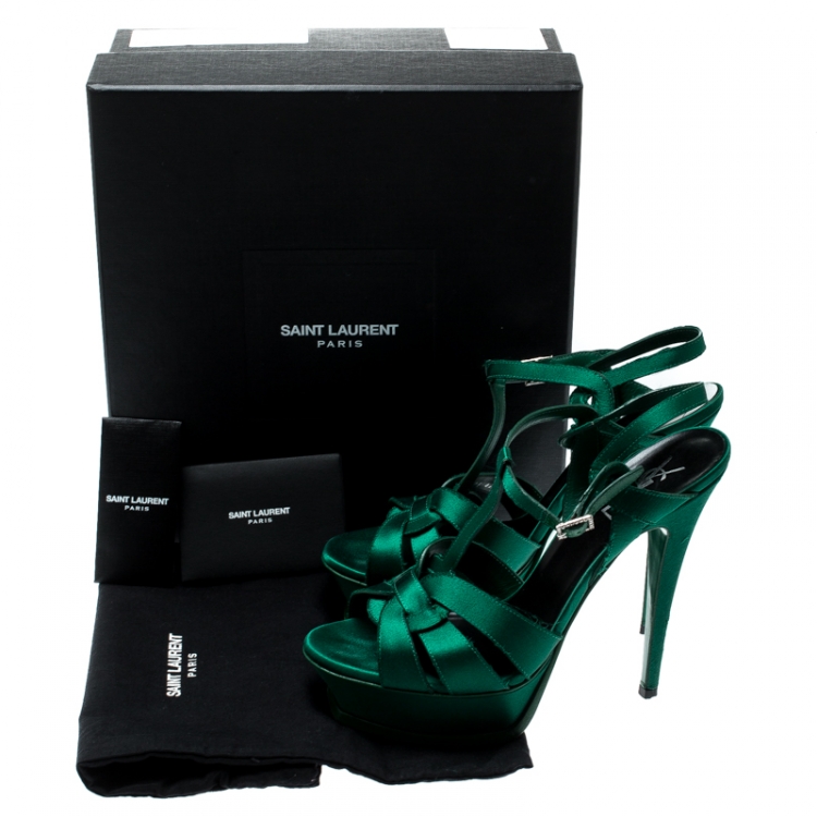 Pre Owned Saint Laurent Paris Green Satin Tribute Platform Sandals Size 39