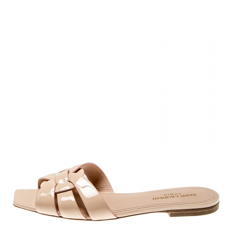 Pre Owned Saint Laurent Paris Beige Patent Leather Tribute Flats 38