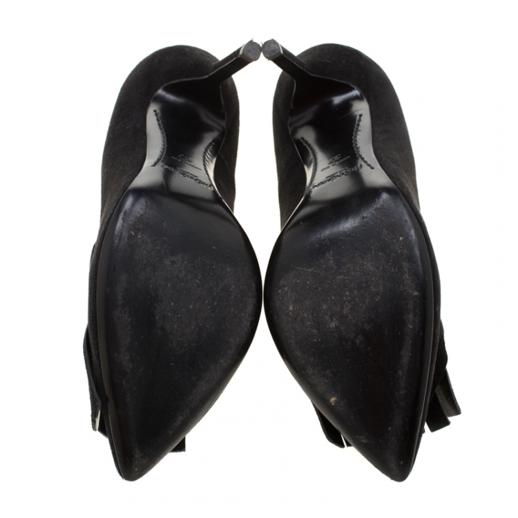 Pre Owned Saint Laurent Paris Black Suede Opyum Chain Detial Fringe Loafer Pumps Size 37