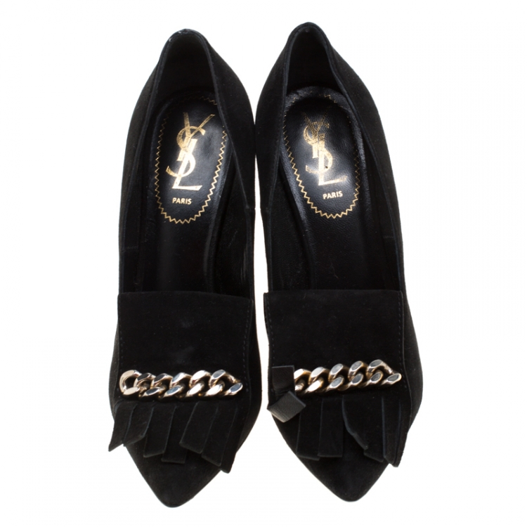 Pre Owned Saint Laurent Paris Black Suede Opyum Chain Detial Fringe Loafer Pumps Size 37