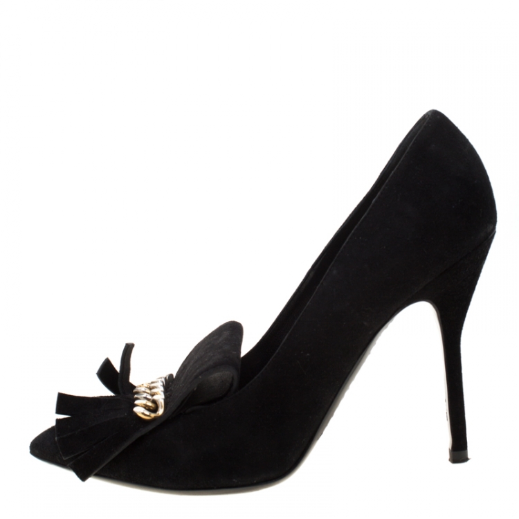 Pre Owned Saint Laurent Paris Black Suede Opyum Chain Detial Fringe Loafer Pumps Size 37