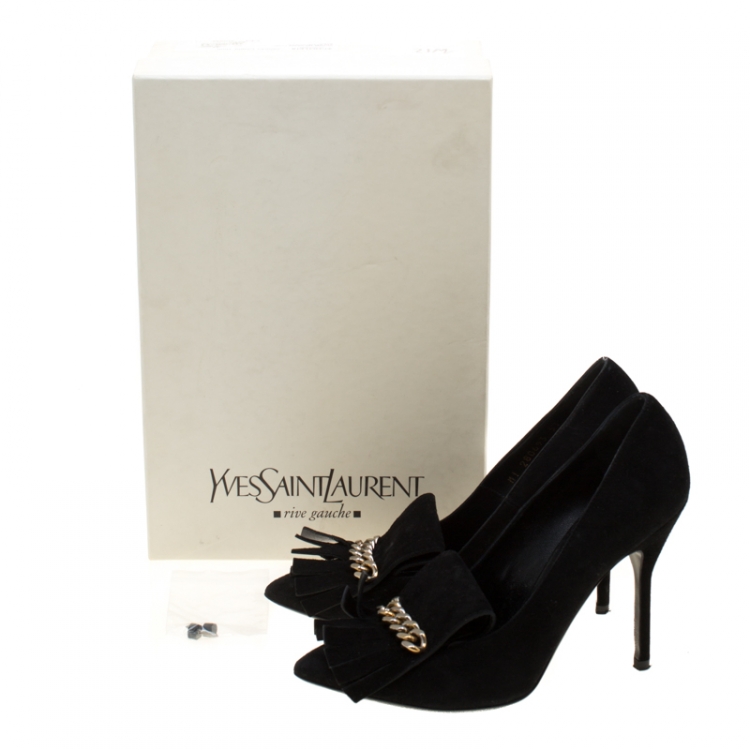 Pre Owned Saint Laurent Paris Black Suede Opyum Chain Detial Fringe Loafer Pumps Size 37