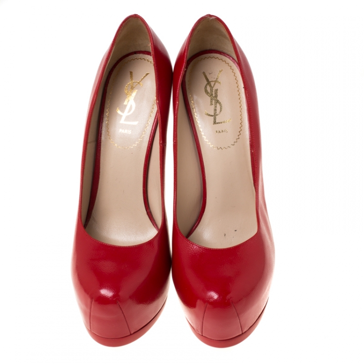 Pre Owned Saint Laurent Paris Red Leather Tribtoo Platform Pumps Size 38