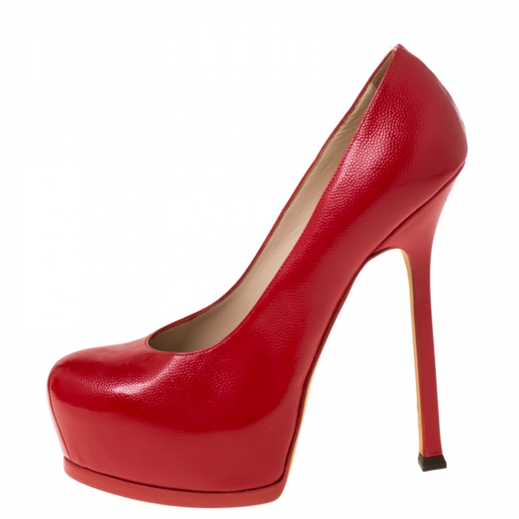 Pre Owned Saint Laurent Paris Red Leather Tribtoo Platform Pumps Size 38