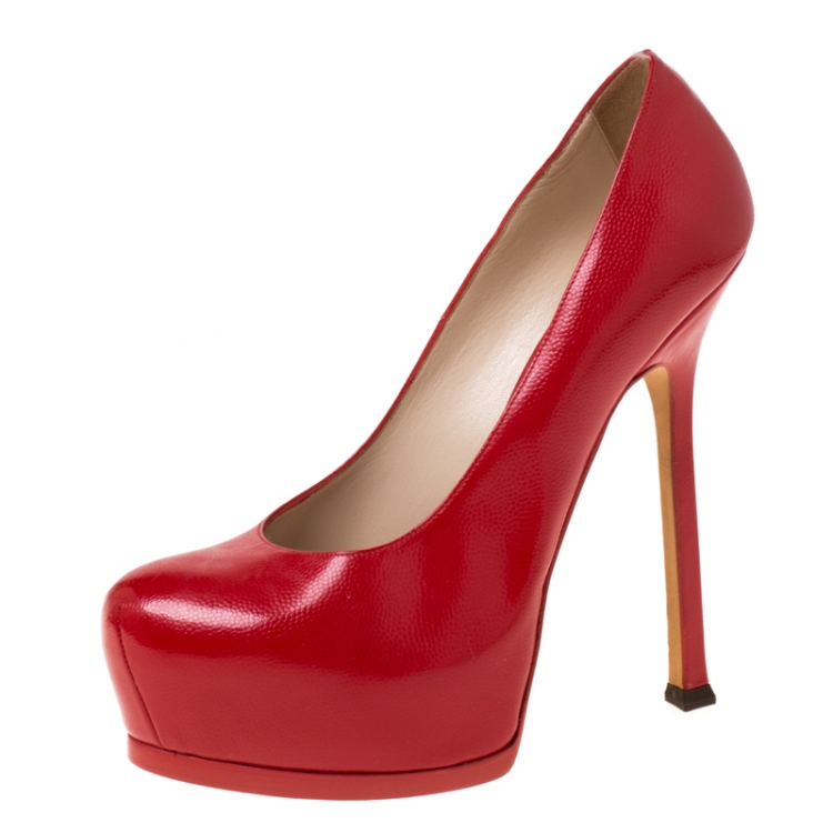 Pre Owned Saint Laurent Paris Red Leather Tribtoo Platform Pumps Size 38