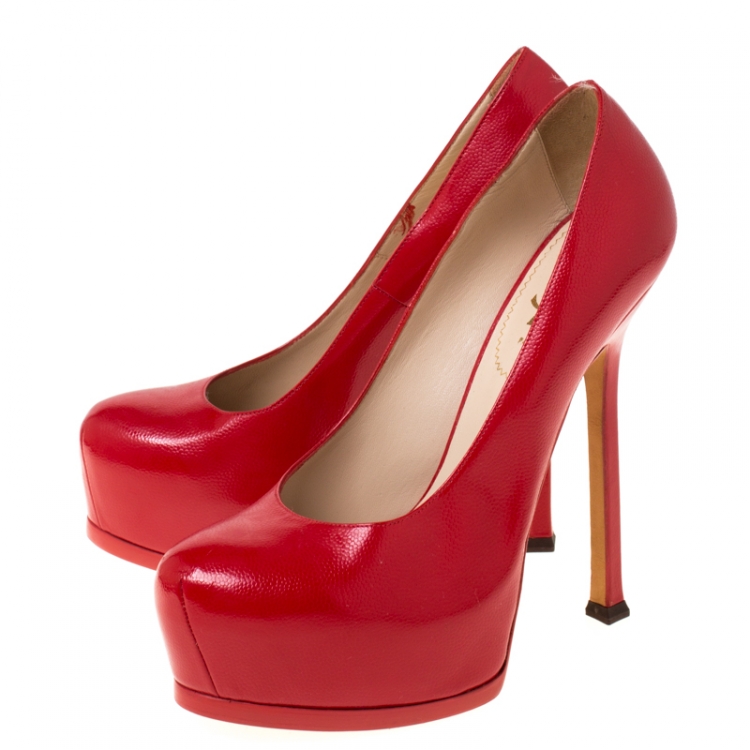 Pre Owned Saint Laurent Paris Red Leather Tribtoo Platform Pumps Size 38