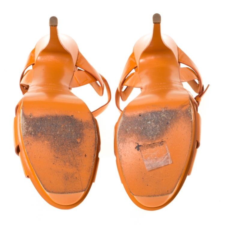 Pre Owned Saint Laurent Paris Orange Patent Leather Tribute Platform Sandals Size 38.5