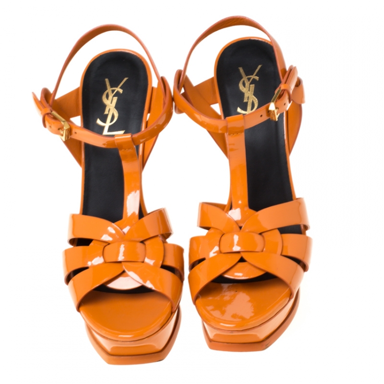 Pre Owned Saint Laurent Paris Orange Patent Leather Tribute Platform Sandals Size 38.5