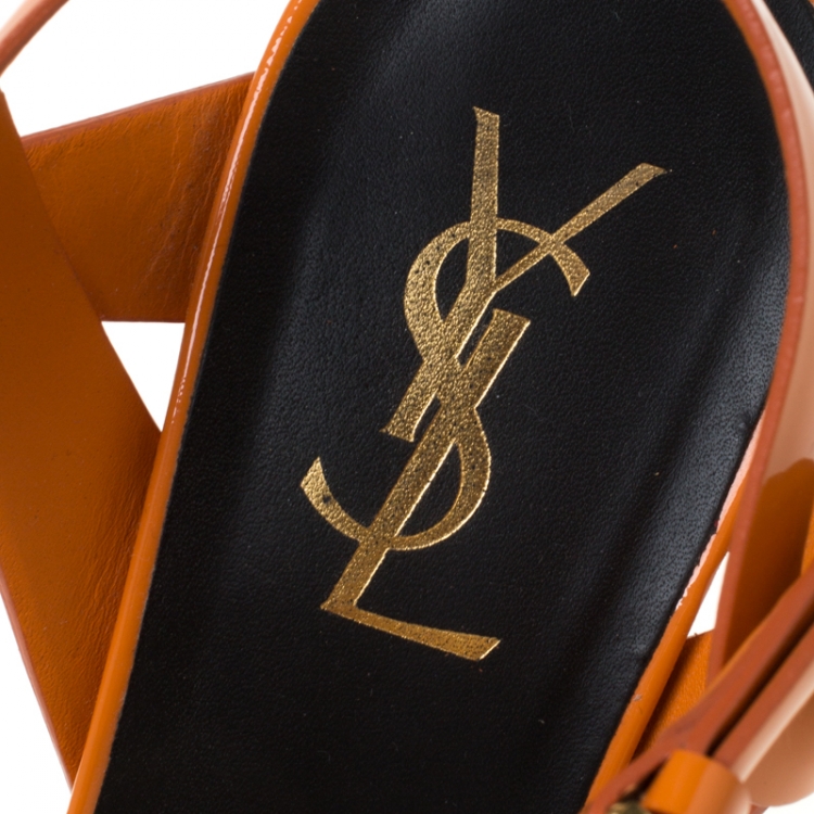 Pre Owned Saint Laurent Paris Orange Patent Leather Tribute Platform Sandals Size 38.5