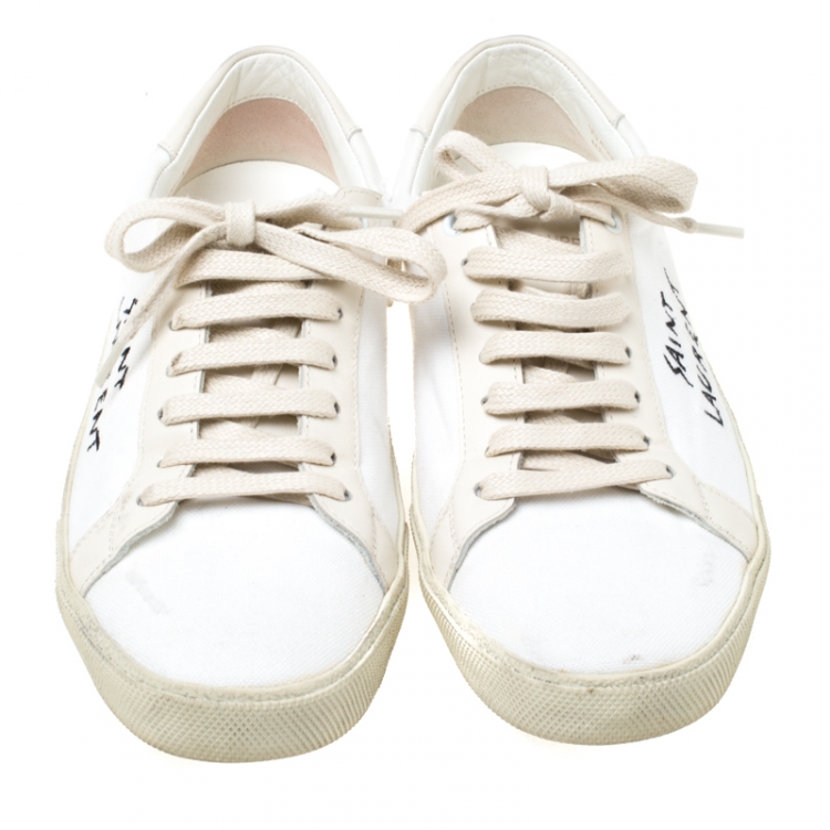 Pre Owned Saint Laurent Paris White Canvas And Leather Court Classic Logo Sneakers Size 39