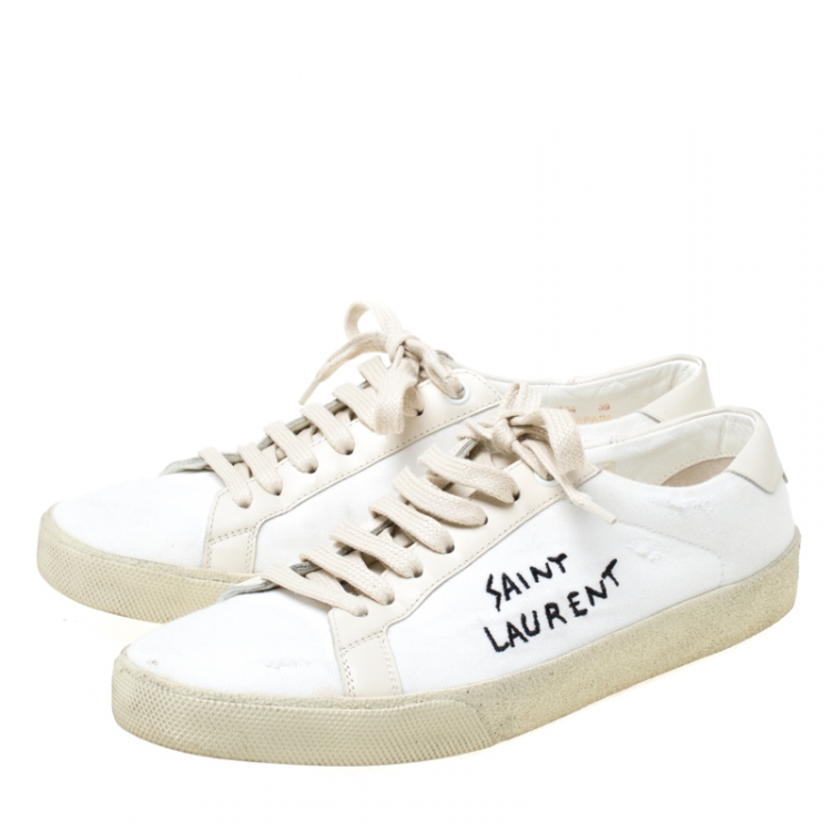 Pre Owned Saint Laurent Paris White Canvas And Leather Court Classic Logo Sneakers Size 39