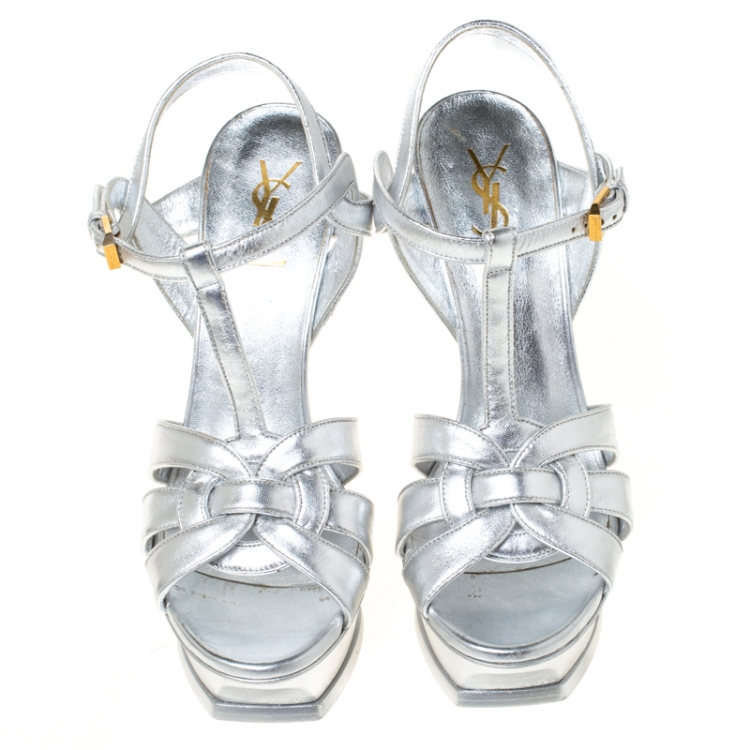 Pre Owned Saint Laurent Paris Silver Metallic Leather Tribute Platform Sandals Size 40