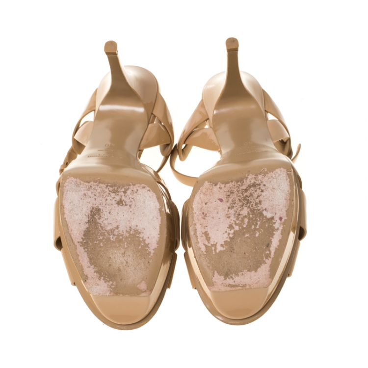 Pre Owned Saint Laurent Paris Beige Patent Leather Tribute Platform Sandals Size 40