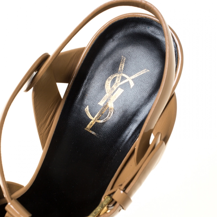 Pre Owned Saint Laurent Paris Beige Patent Leather Tribute Platform Sandals Size 40