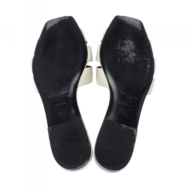 Pre Owned Saint Laurent White Patent Leather Tribute Slides Size 35.5