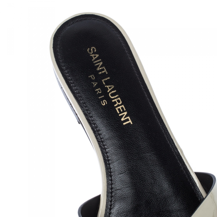 Pre Owned Saint Laurent White Patent Leather Tribute Slides Size 35.5