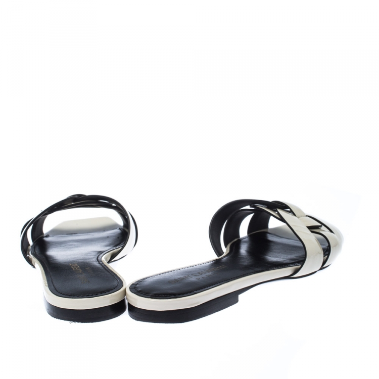 Pre Owned Saint Laurent White Patent Leather Tribute Slides Size 35.5