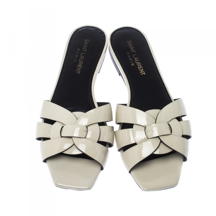 Pre Owned Saint Laurent White Patent Leather Tribute Slides Size 35.5