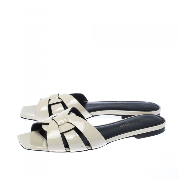 Pre Owned Saint Laurent White Patent Leather Tribute Slides Size 35.5