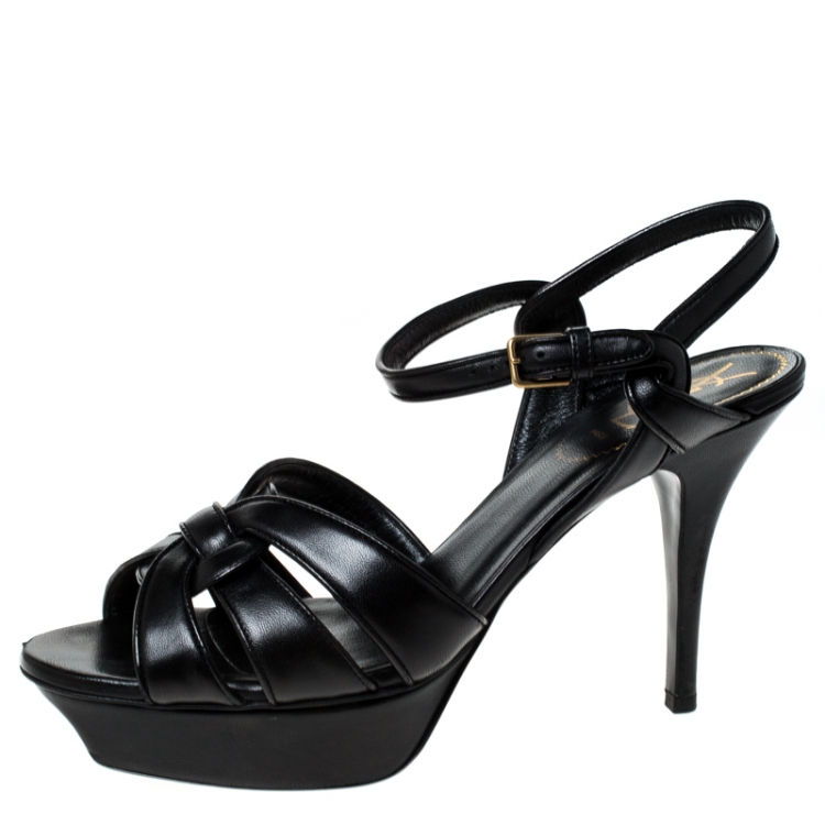 Pre Owned Saint Laurent Paris Black Leather Tribute Platform Sandals Size 40.5