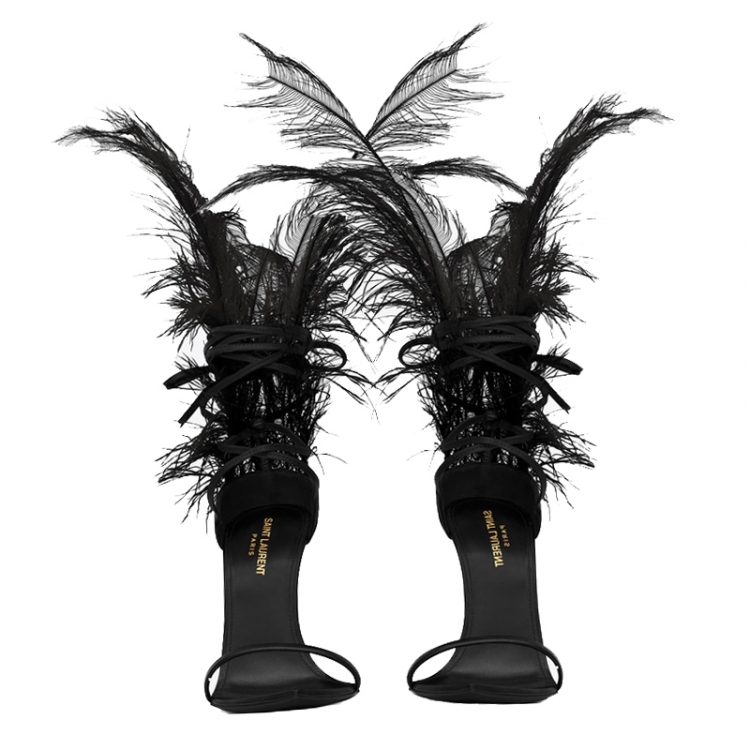 Pre Owned Saint Laurent Black Leather Feather Iris Sandals Size 37