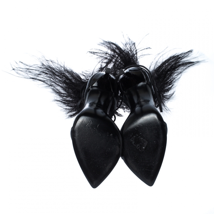 Pre Owned Saint Laurent Black Leather Feather Iris Sandals Size 37