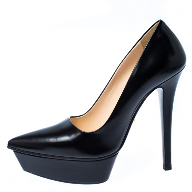 Pre Owned Saint Laurent Paris Black Leather Janis Pointed Toe Platform Pumps Size 36