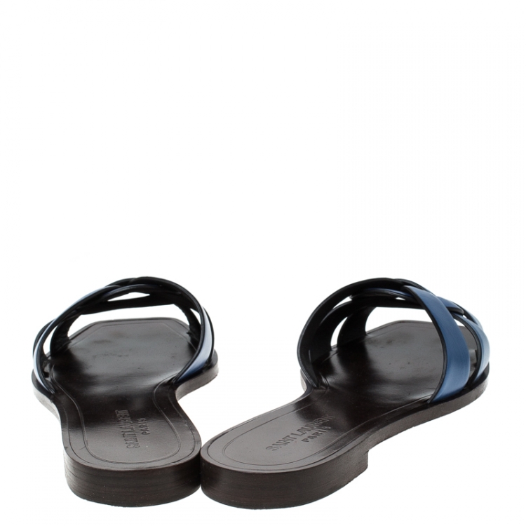 Pre Owned Saint Laurent Paris Blue Leather Tribute Flat Slides Size 37.5