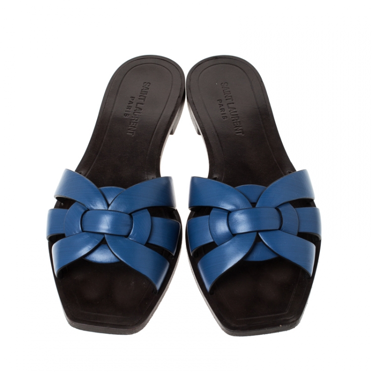 Pre Owned Saint Laurent Paris Blue Leather Tribute Flat Slides Size 37.5