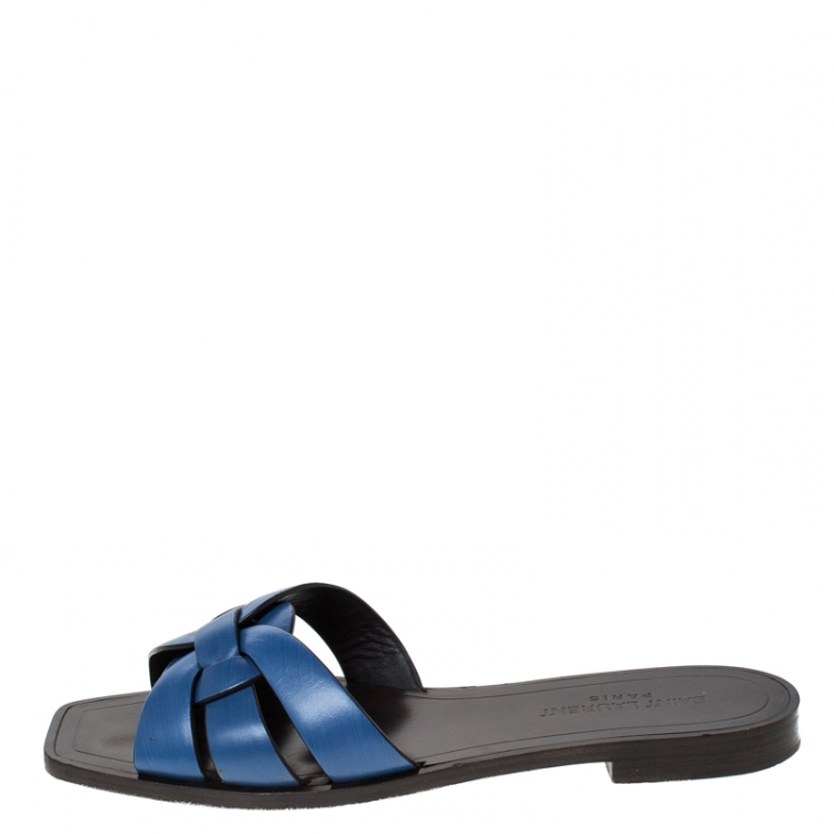 Pre Owned Saint Laurent Paris Blue Leather Tribute Flat Slides Size 37.5