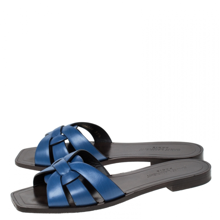 Pre Owned Saint Laurent Paris Blue Leather Tribute Flat Slides Size 37.5