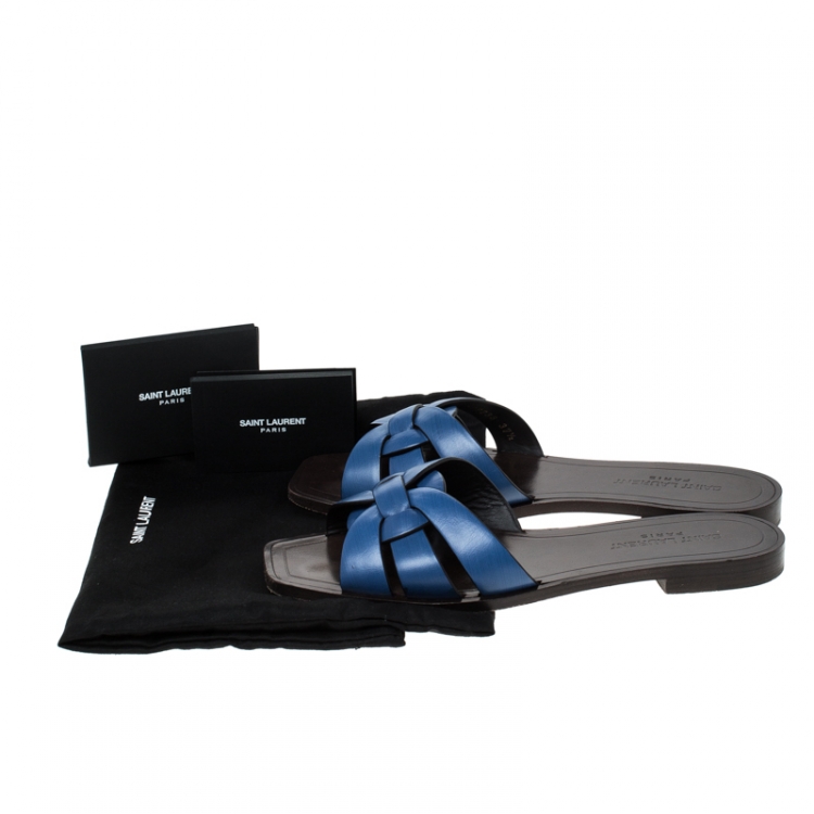 Pre Owned Saint Laurent Paris Blue Leather Tribute Flat Slides Size 37.5