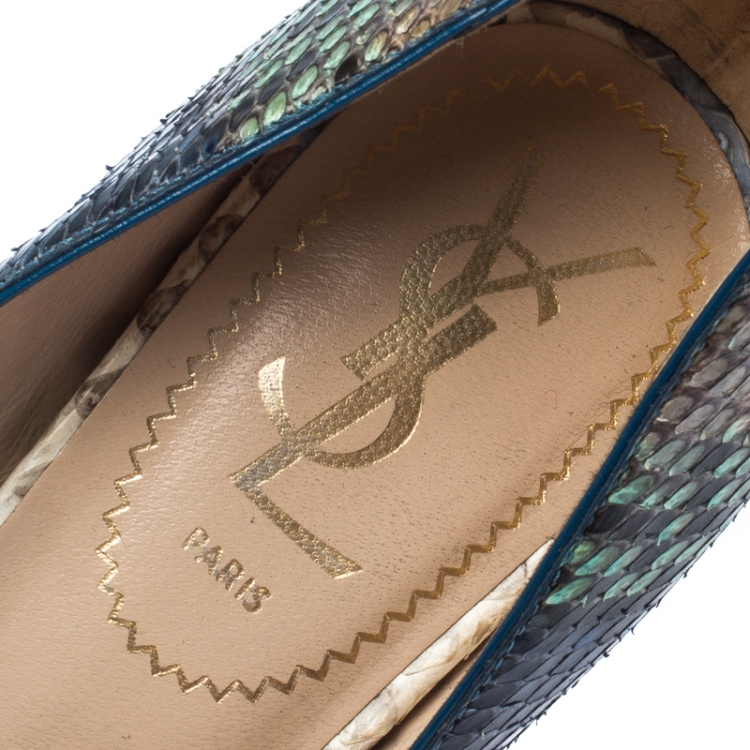 Pre Owned Saint Laurent Paris Metallic Python Leather Palais Peep Toe Platform Pumps Size 36